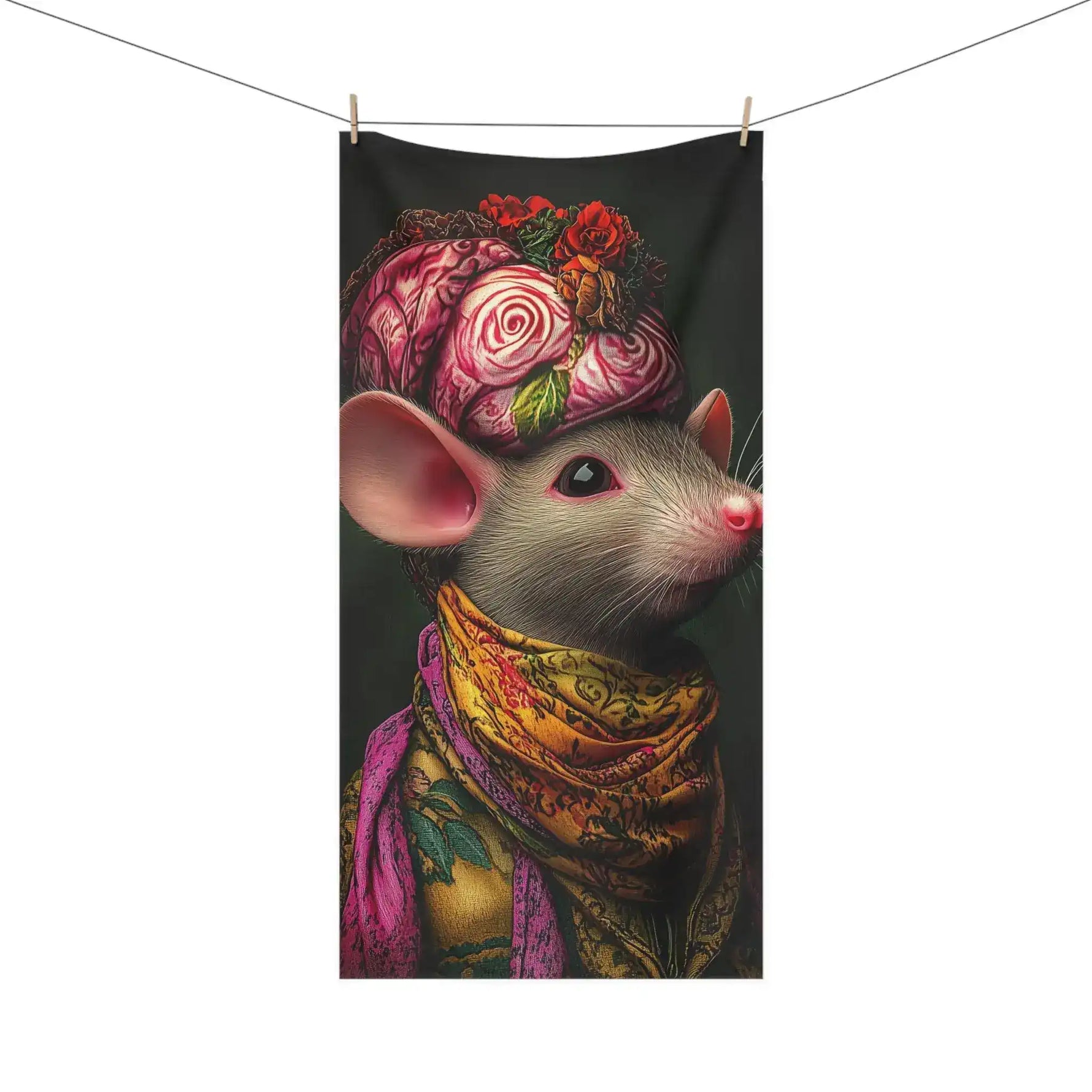 Grey mouse wearing pink rose headwrap and yellow floral scarf hanging on wooden clothespin line on the Chic Mouse in Floral Scarf & Headwrap Bath Towel