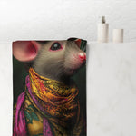 Grey mouse in yellow gold paisley scarf and pink floral headwrap portrait draped on white bathroom wall on the Chic Mouse in Floral Scarf & Headwrap Bath Towel