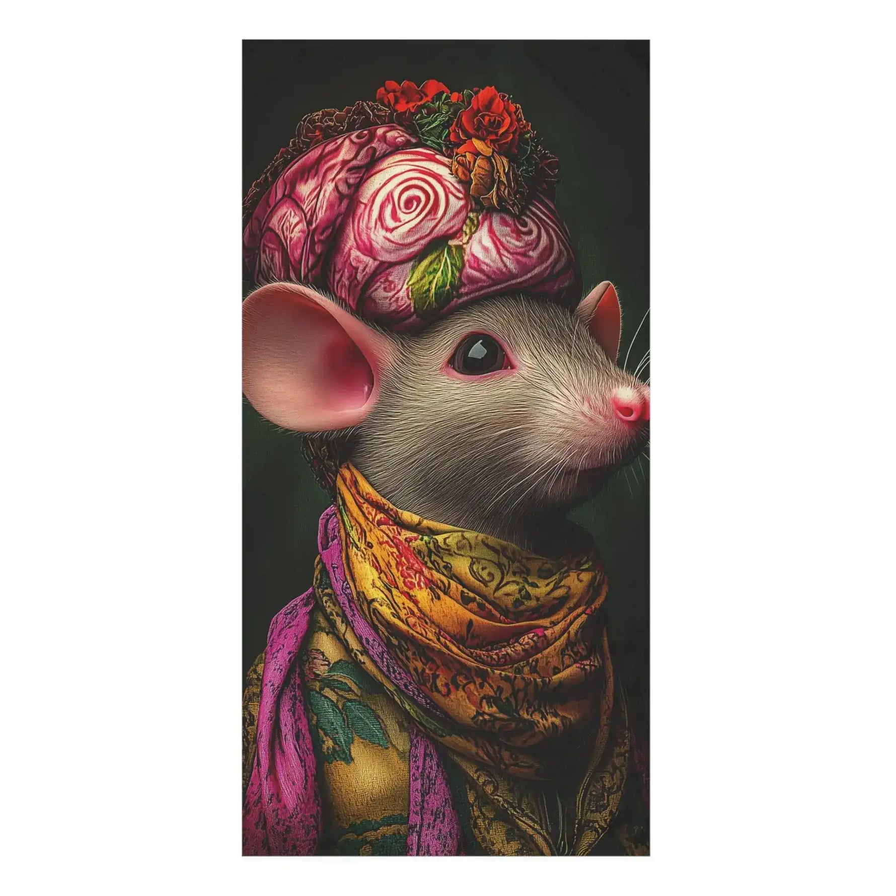Portrait of a grey mouse wearing a pink rose headwrap and yellow gold floral scarf on dark background on the Chic Mouse in Floral Scarf & Headwrap Bath Towel