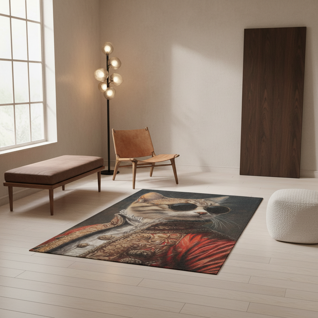 A rectangular area rug with a detailed classical painting-style print of a cat in ornate gold and red clothing, styled in a modern minimalist living room with a wooden chair, bench, floor lamp, and white pouf.