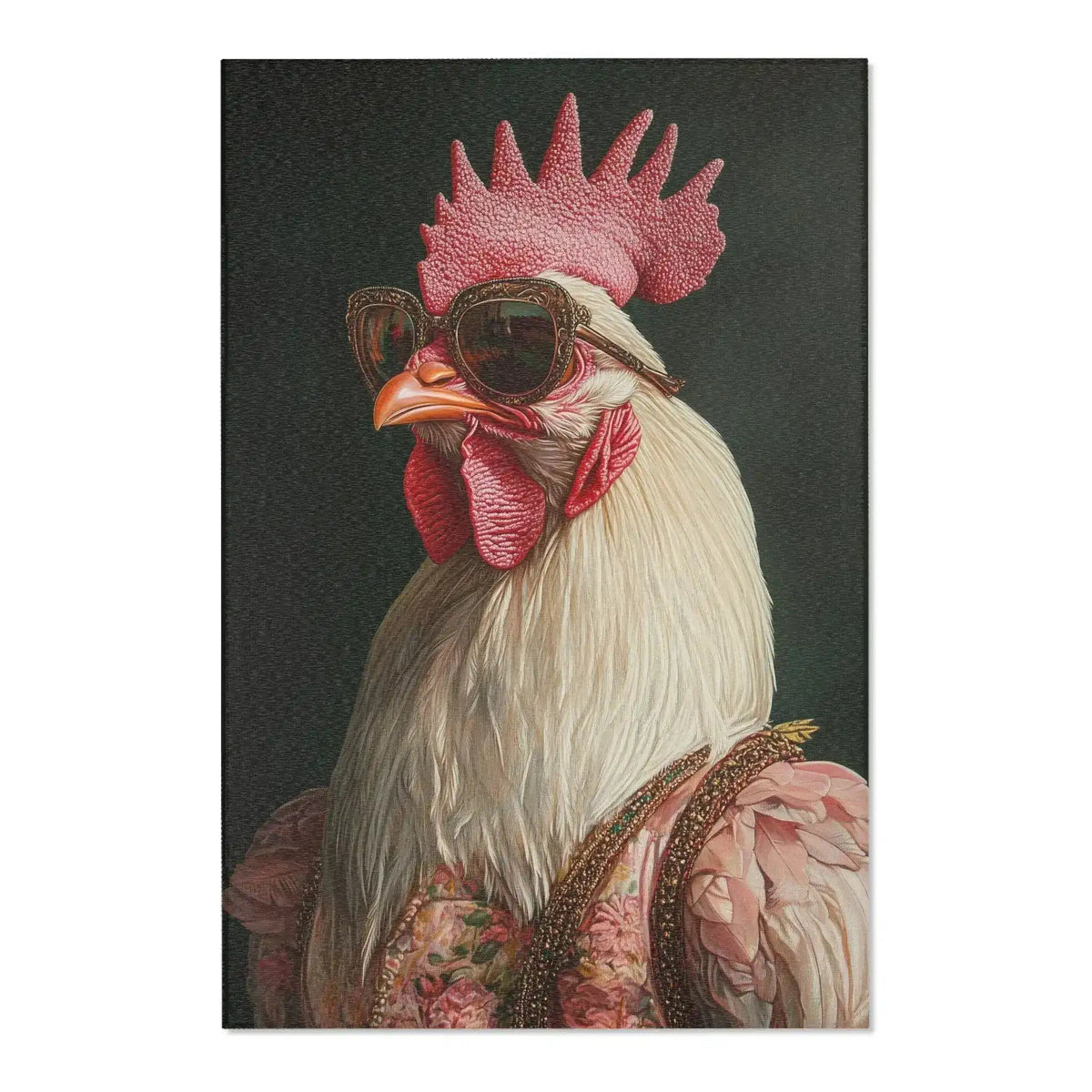 Rolled corner showing dark charcoal print with red and white accent and grey anti-slip woven backing, Chic Renaissance Chicken Accent Rug
