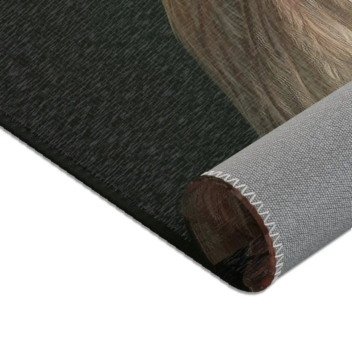 Corner fold revealing dark charcoal print with cream feather detail and grey non-slip woven underside, Chic Renaissance Chicken Accent Rug