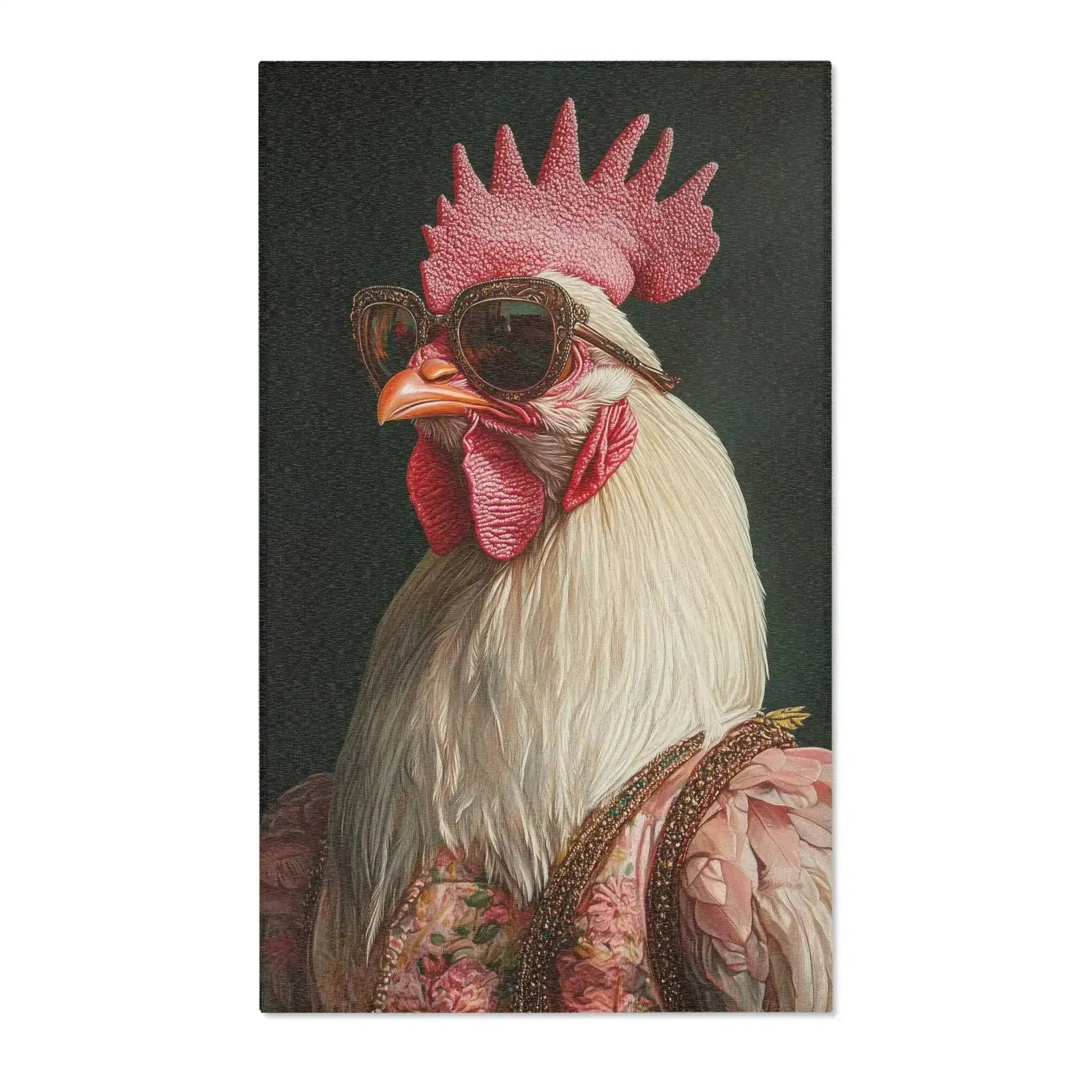 White rooster in ornate sunglasses and floral robe, dark background portrait, Chic Renaissance Chicken Accent Rug