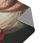 Folded corner showing cream feather and jeweled neckline print face and grey anti-slip backing, Chic Renaissance Chicken Accent Rug