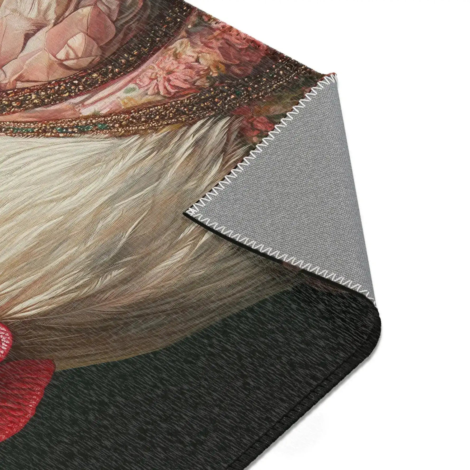 Folded corner showing cream feather and jeweled neckline print face and grey anti-slip backing, Chic Renaissance Chicken Accent Rug