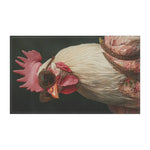 Horizontal close-up of white chicken with pink comb in dark ornate sunglasses and embroidered floral couture jacket, Chic Renaissance Chicken Cotton Kitchen Towel detail
