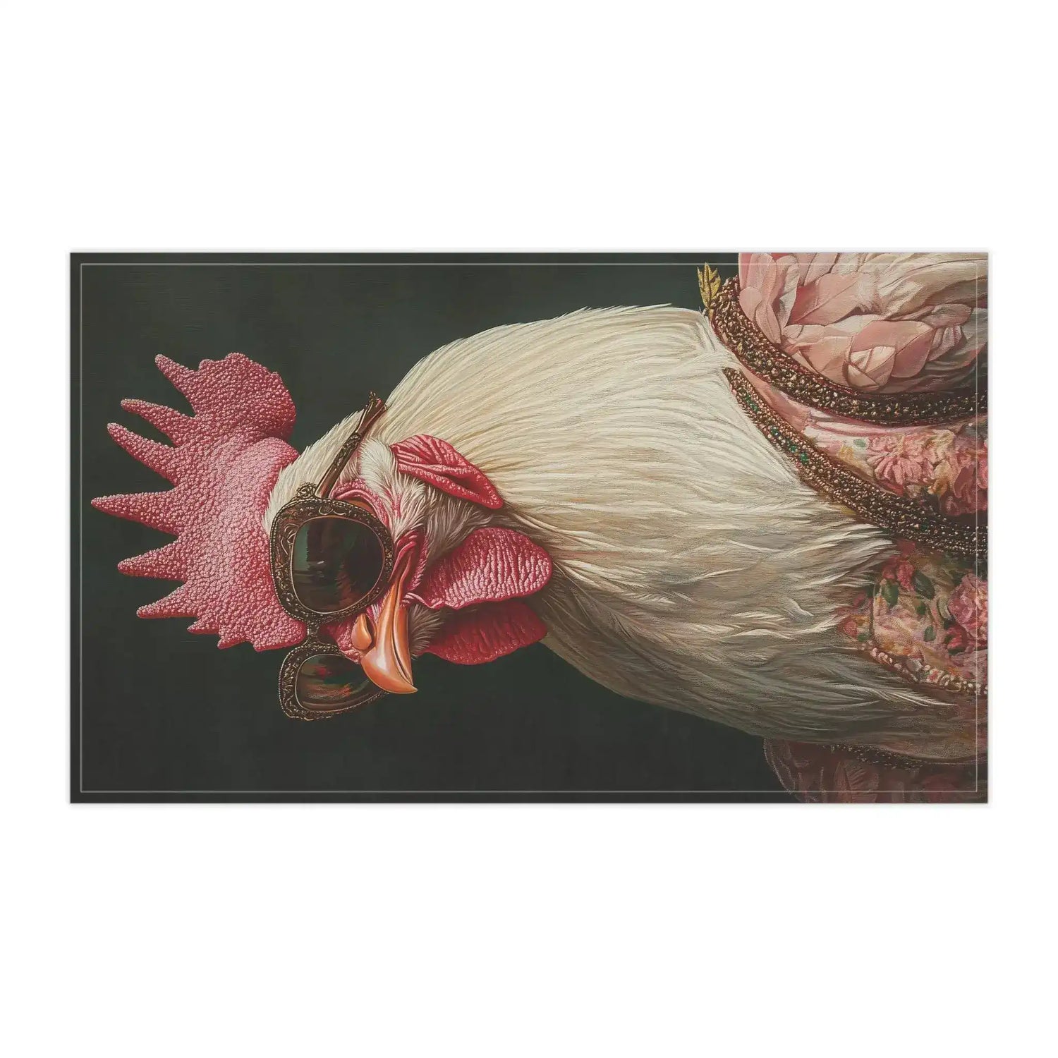 Horizontal close-up of white chicken with pink comb in dark ornate sunglasses and embroidered floral couture jacket, Chic Renaissance Chicken Cotton Kitchen Towel detail