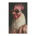 White rooster with pink comb wearing dark ornate sunglasses and embroidered blush floral jacket with gold trim, Chic Renaissance Chicken Cotton Kitchen Towel front