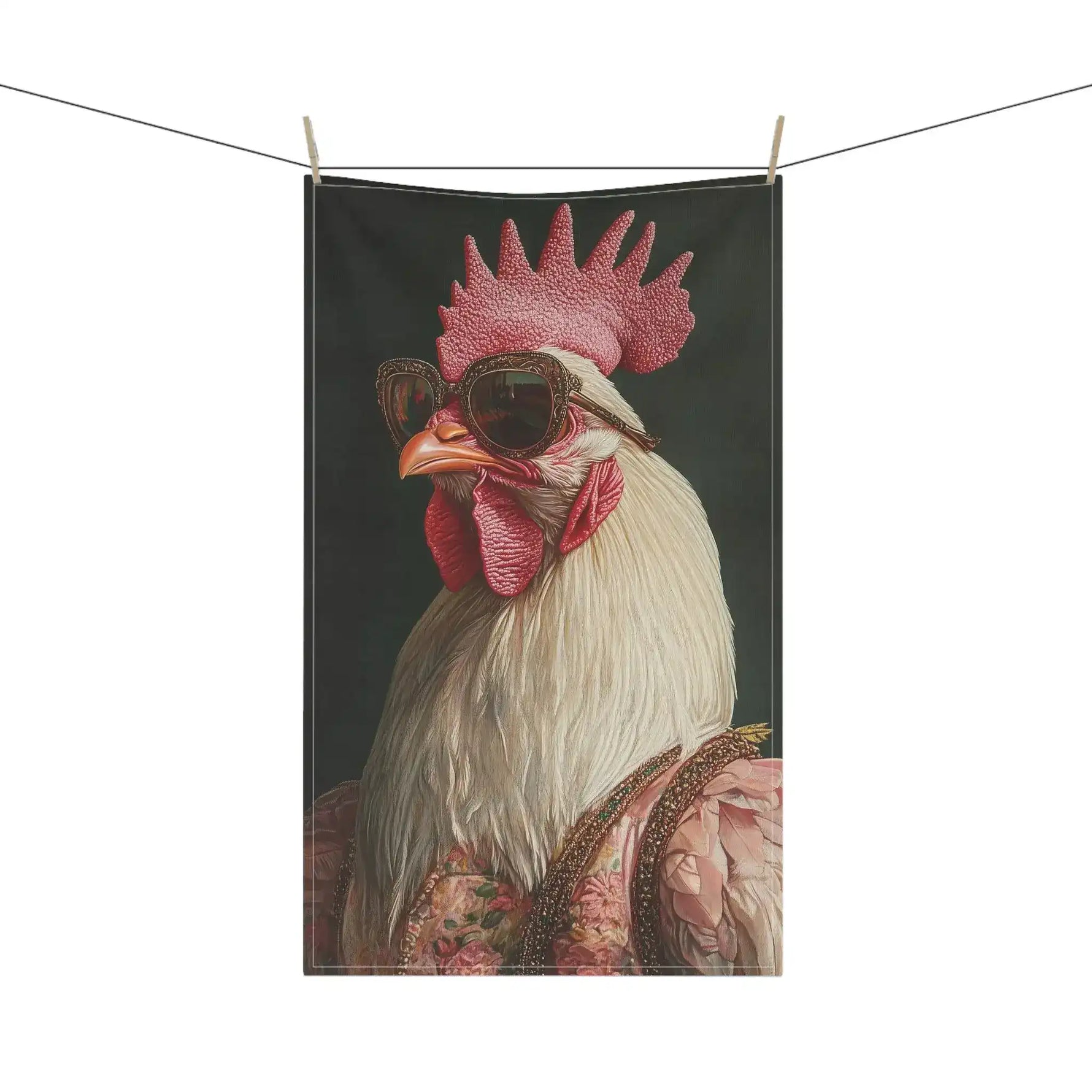 Grey mouse wearing ornate rose-adorned headpiece and colorful layered scarves hanging on clothesline, Chic Renaissance Chicken Cotton Kitchen Towel lifestyle