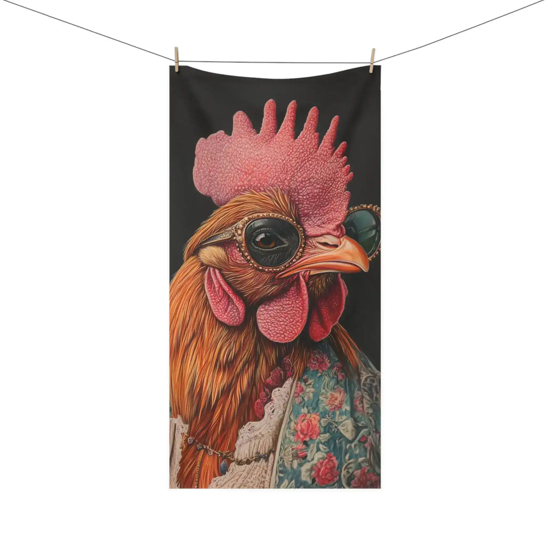 Horizontal close-up of chicken with textured pink comb and jeweled sunglasses in floral lace couture outfit, Chic Renaissance Chicken Bath Towel close-up