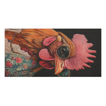 Close-up horizontal crop of rooster head with pink comb and bejeweled round sunglasses in floral lace jacket, Chic Renaissance Chicken Bath Towel close detail