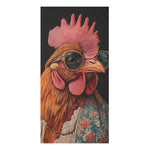 Golden-brown chicken with pink comb wearing round jeweled sunglasses and floral lace blouse with chain necklace on dark background, Chic Renaissance Chicken Bath Towel front