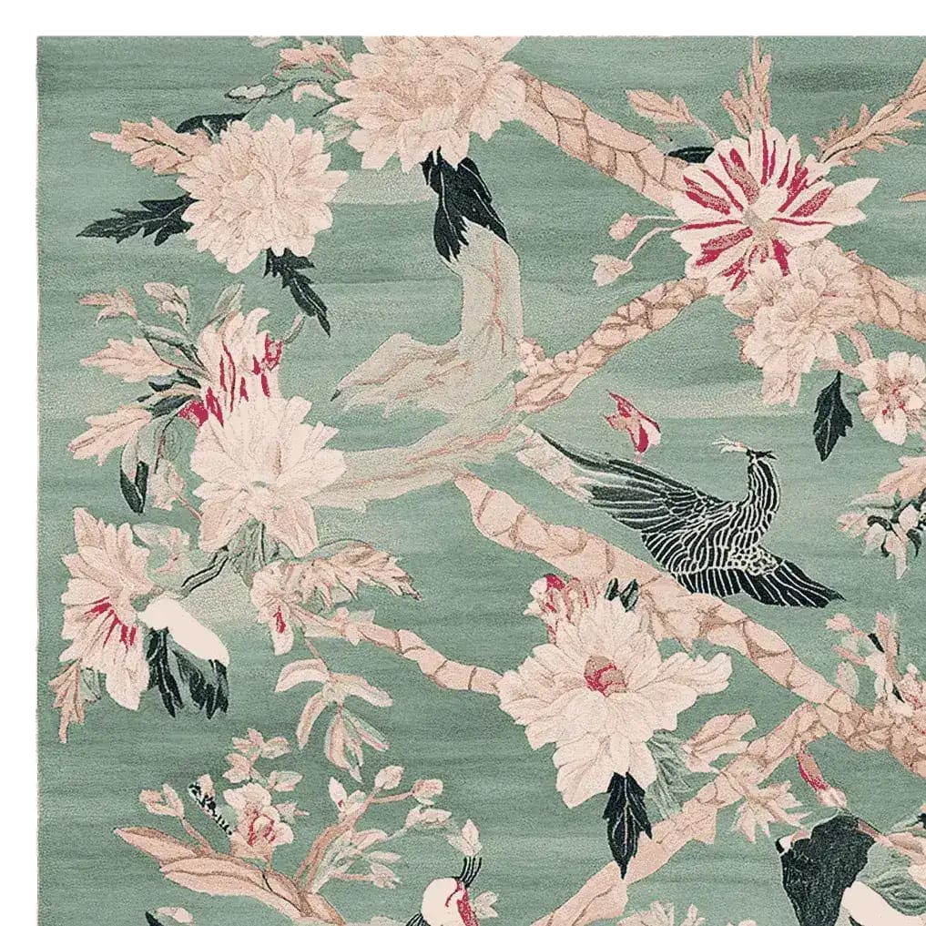 Chinoiserie Bird Ballet Hand Tufted Area Rug, perfect for large living rooms, featuring intricate bird and floral patterns in soft pastel colors on a wool rug. Ideal for adding elegance to any living room area.