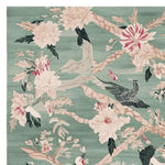 Chinoiserie Bird Ballet Hand Tufted Area Rug, perfect for large living rooms, featuring intricate bird and floral patterns in soft pastel colors on a wool rug. Ideal for adding elegance to any living room area.