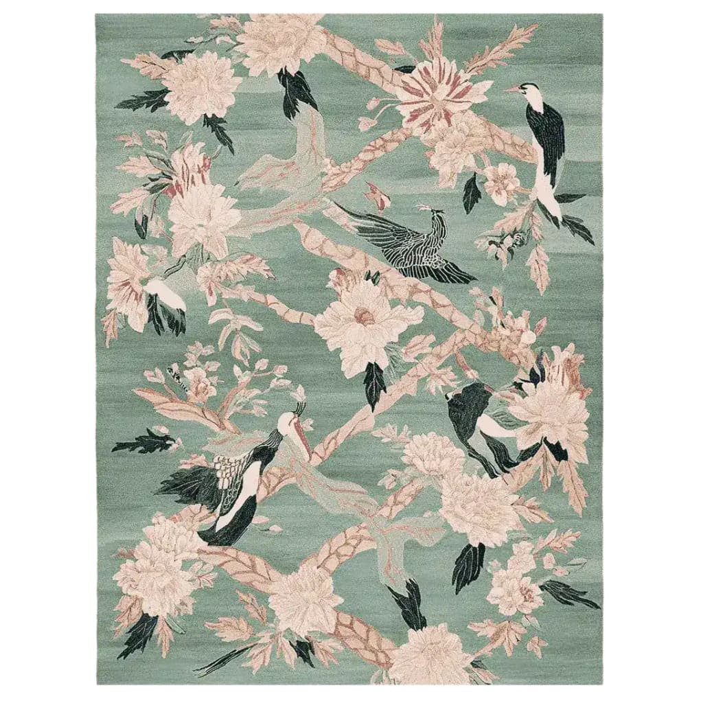A beautifully designed hand-tufted area rug featuring a delicate Chinoiserie bird and floral pattern in soft hues. This wool rug adds elegance and charm, ideal for large living room spaces or as a centerpiece among living room area rugs.