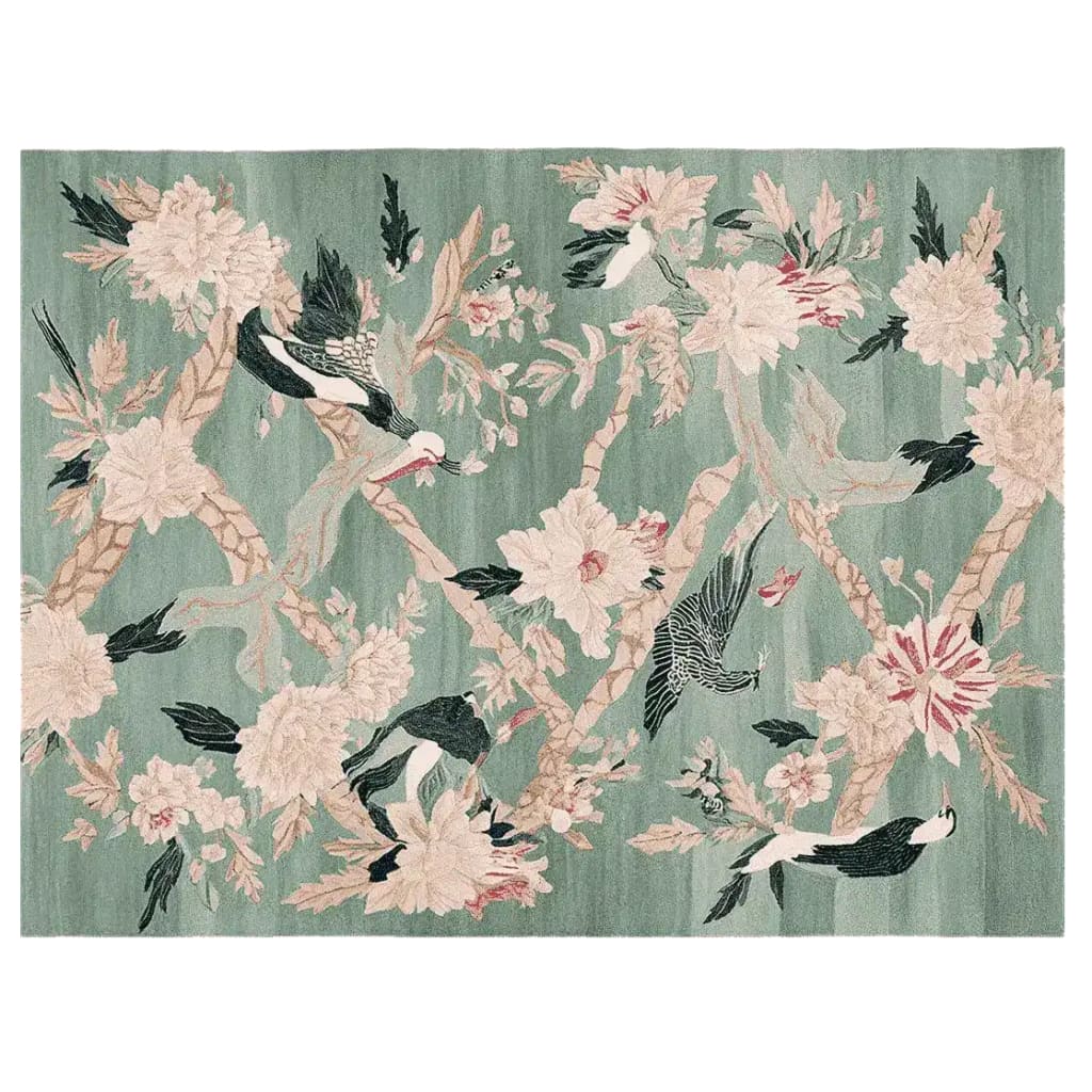 This beautiful area rug features a Chinoiserie Bird Ballet design with intricate birds and floral patterns set against a soft green background. Perfect for large living room rugs, this hand-tufted wool rug brings elegance and charm to any living room area.