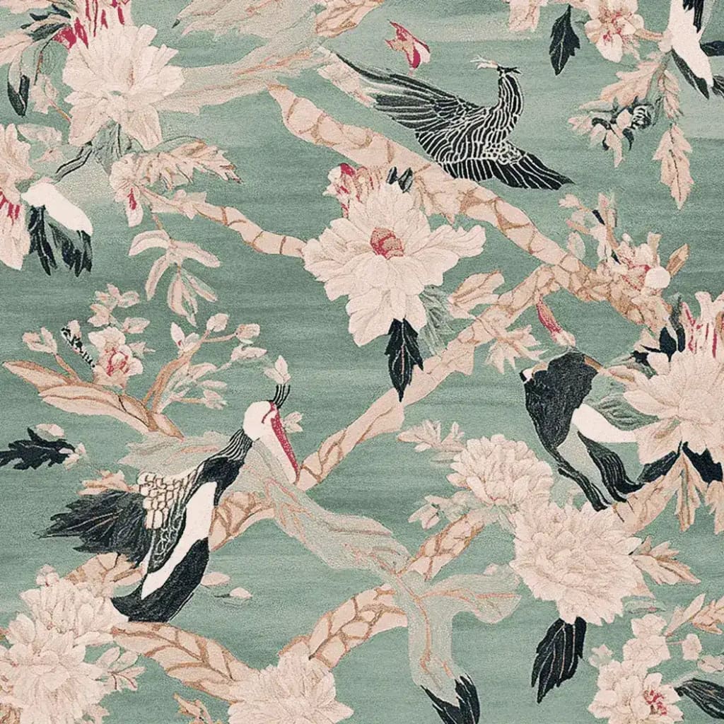 This stunning Chinoiserie Bird Ballet Hand Tufted Area Rug features an intricate design with elegant birds and lush florals against a soft green background. Perfect for adding a touch of elegance to large living rooms, this wool rug is a beautiful addition to any space looking for stylish living room area rugs.