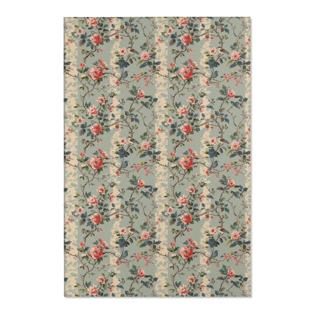 Chinoiserie charm rug showing dense rose-and-vine print with perched birds on muted sage backdrop