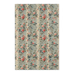 Chinoiserie charm rug showing dense rose-and-vine print with perched birds on muted sage backdrop
