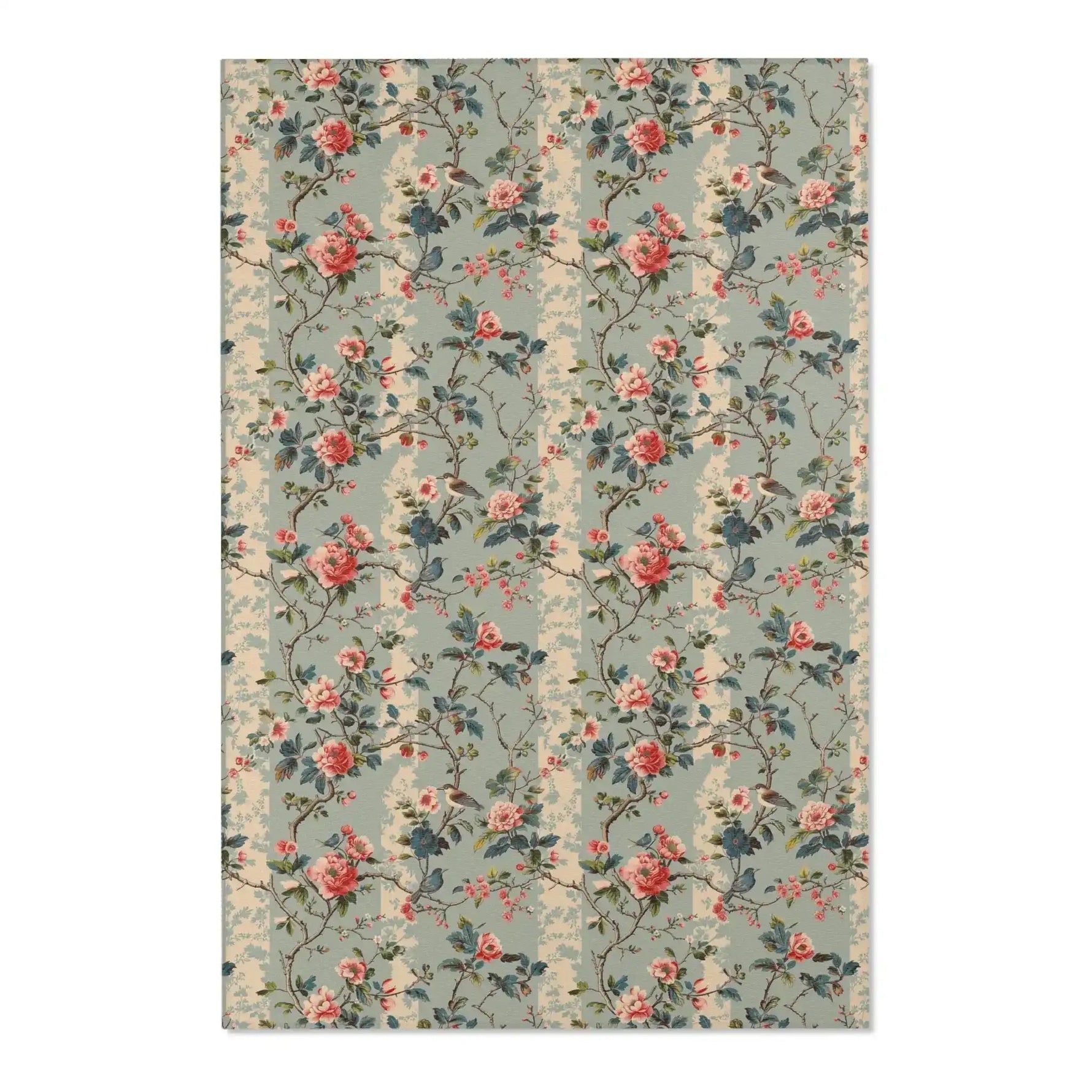Chinoiserie charm rug showing dense rose-and-vine print with perched birds on muted sage backdrop