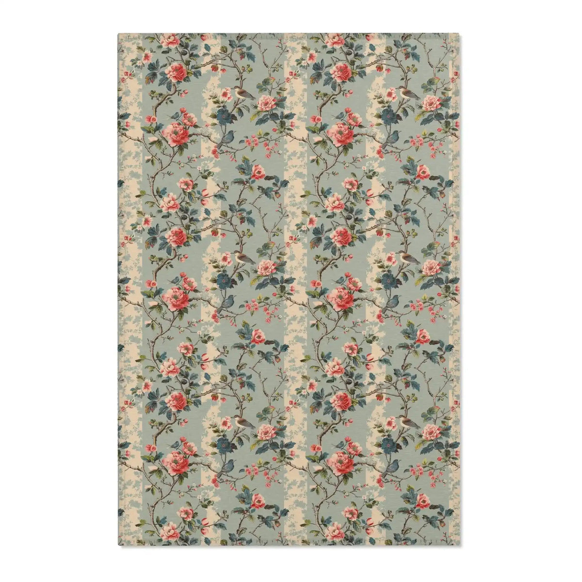 Sage green chinoiserie accent rug with blooming pink roses, songbirds and trailing floral vines