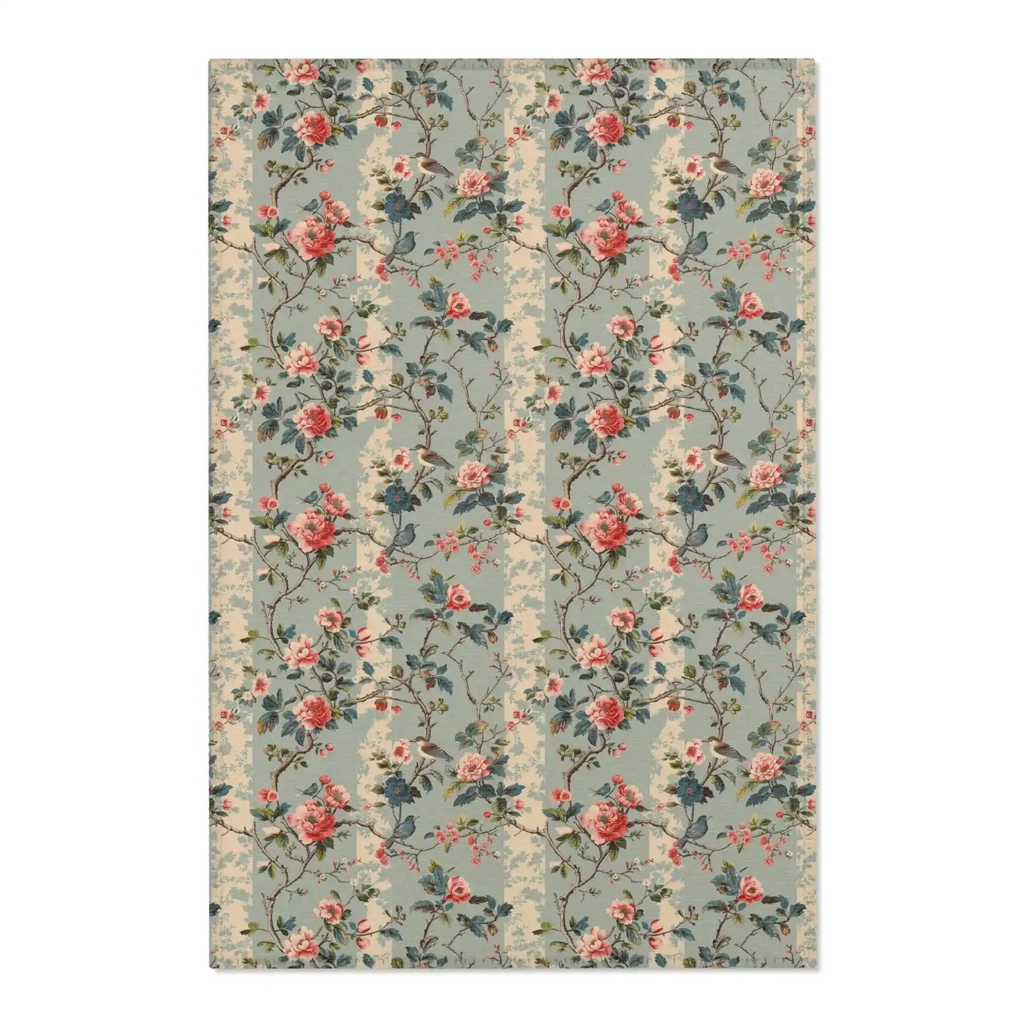 Sage green chinoiserie accent rug with blooming pink roses, songbirds and trailing floral vines