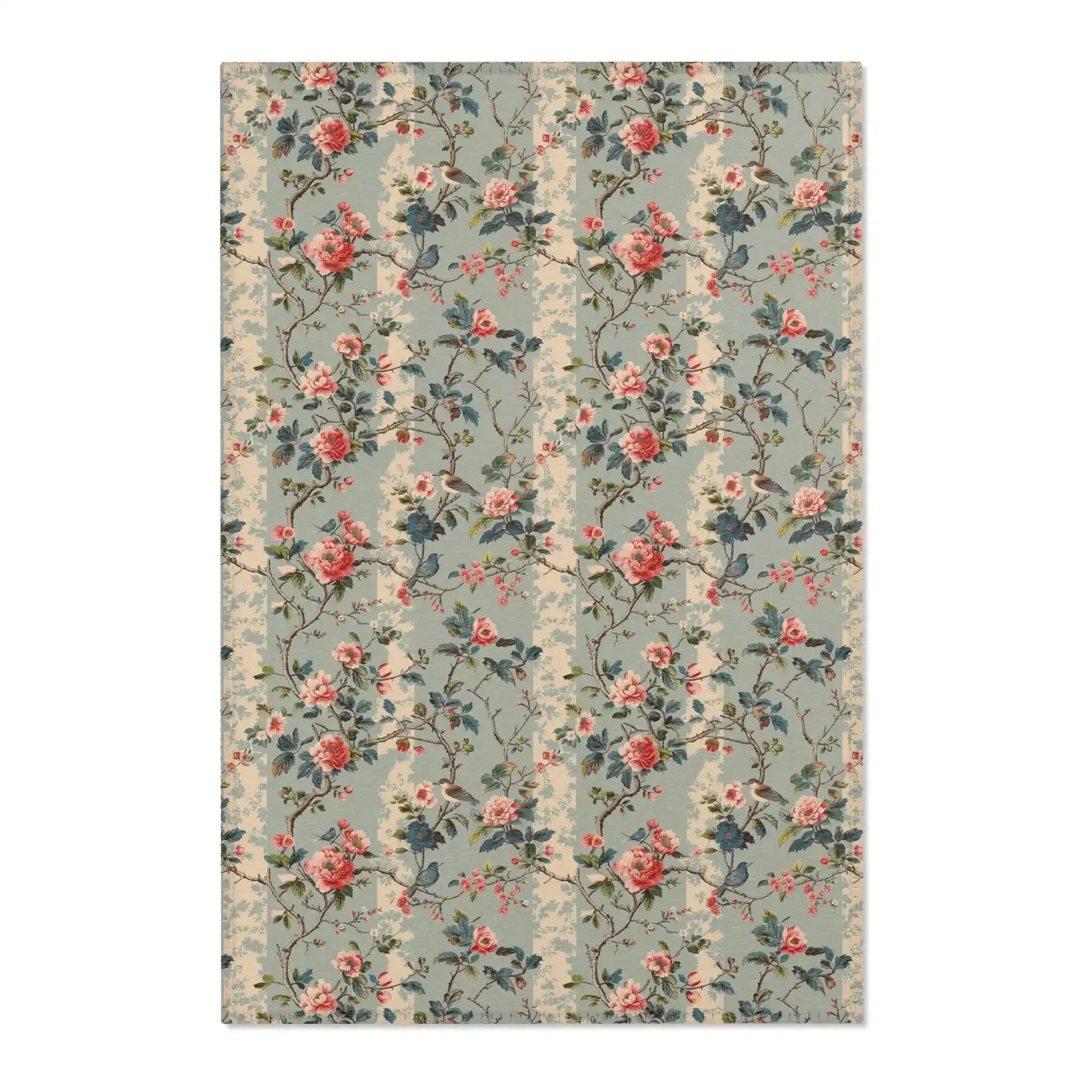 Sage green chinoiserie accent rug with blooming pink roses, songbirds and trailing floral vines