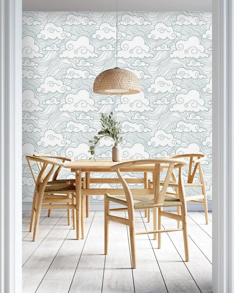 Chinoiserie Clouds and Ocean Wave Wallpaper