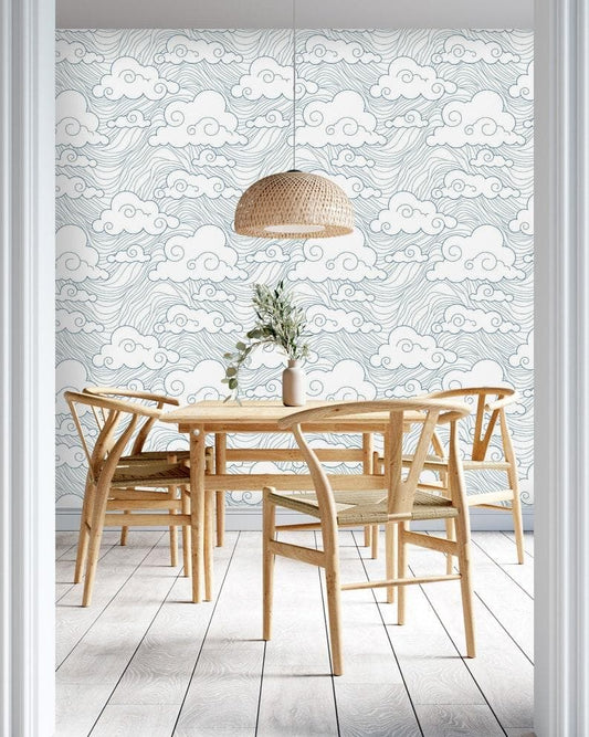 Chinoiserie Clouds and Ocean Wave Wallpaper 