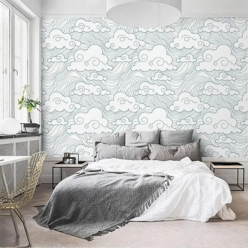 Chinoiserie Clouds and Ocean Wave Wallpaper