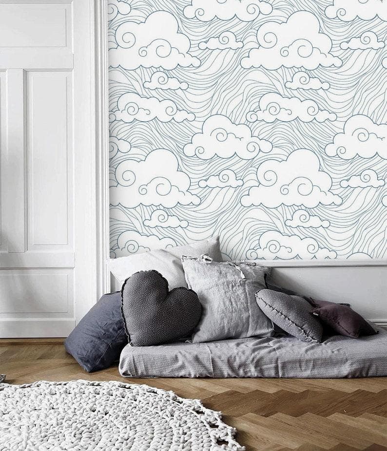 Chinoiserie Clouds and Ocean Wave Wallpaper Chinoiserie Clouds and Ocean Wave Wallpaper 