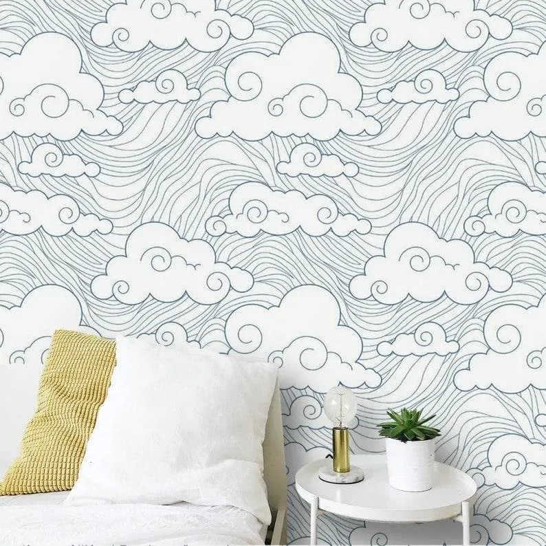 Chinoiserie Clouds and Ocean Wave Wallpaper