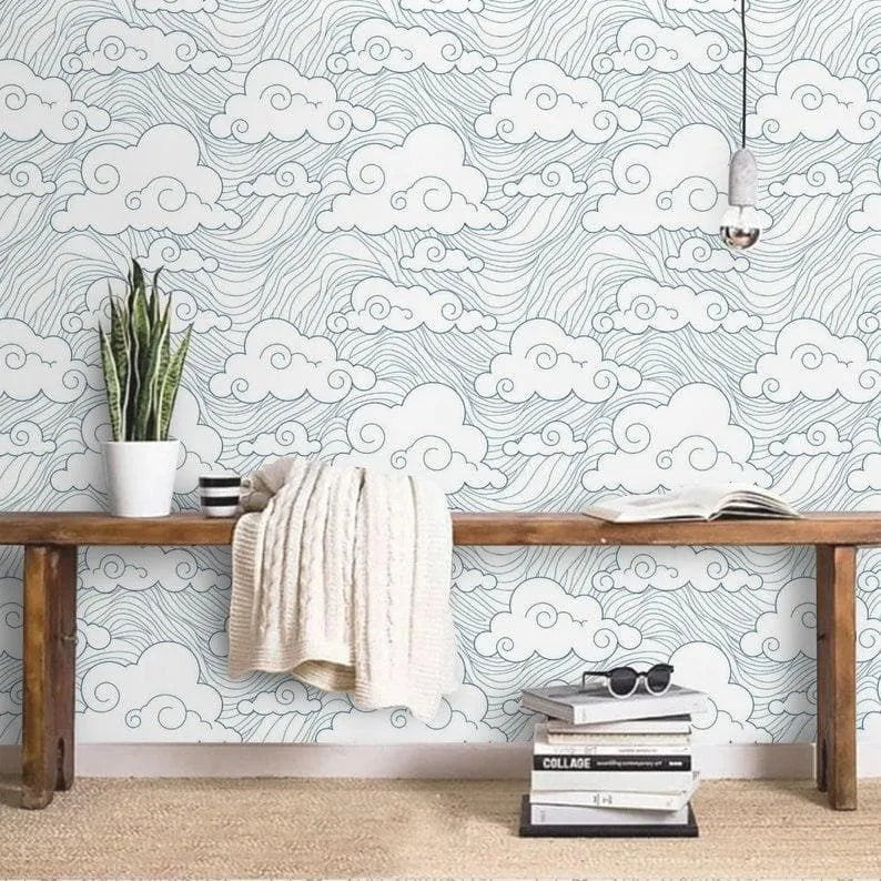 Chinoiserie Clouds and Ocean Wave Wallpaper