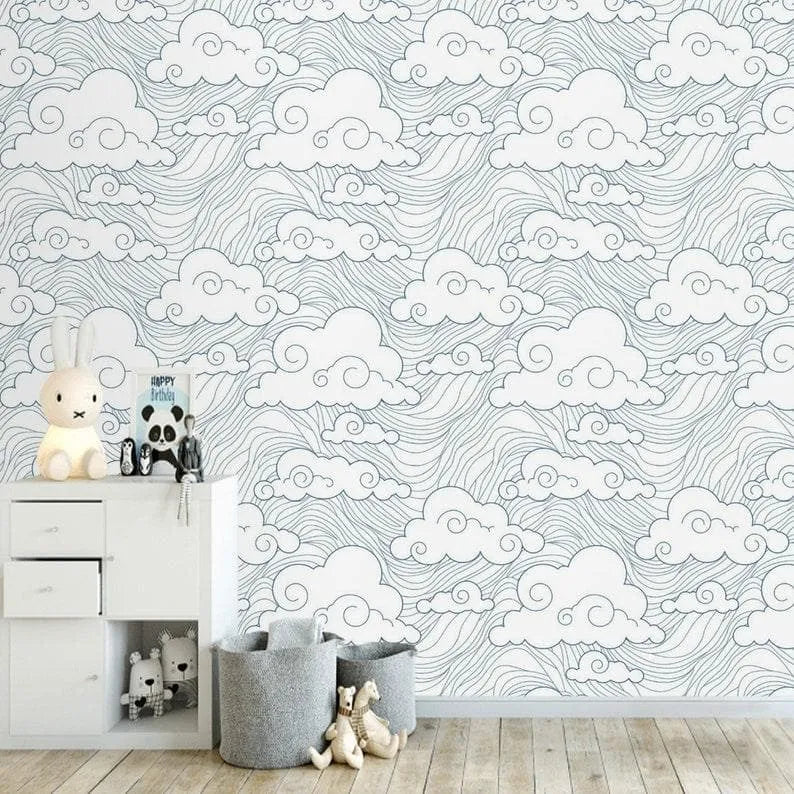 Chinoiserie Clouds and Ocean Wave Wallpaper