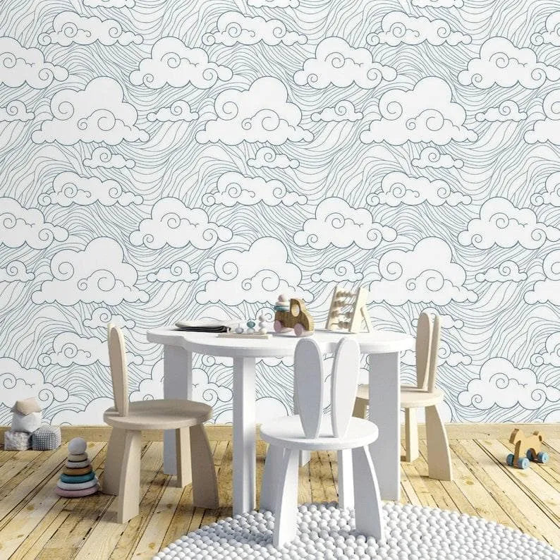 Chinoiserie Clouds and Ocean Wave Wallpaper