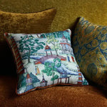 Chinoiserie courtyard throw pillow cover featuring a colorful design with pagodas, trees, and a bridge, perfect for adding a decorative touch to any living space.