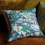 Chinoiserie courtyard throw pillow cover featuring intricate designs of bridges, trees, and figures in a serene landscape.