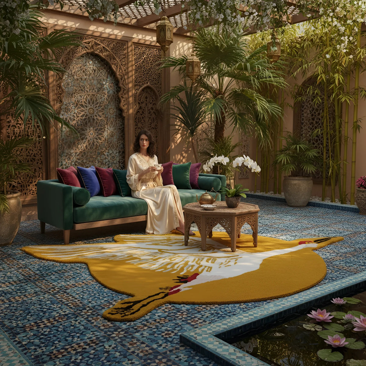 Woman sitting on a green couch in a decorative indoor setting with plants and a colorful rug.