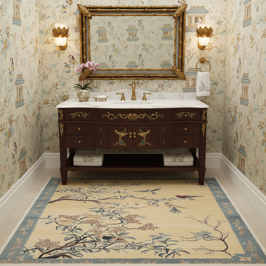 Bathroom with wooden vanity, floral rug, and decorative wall lights.