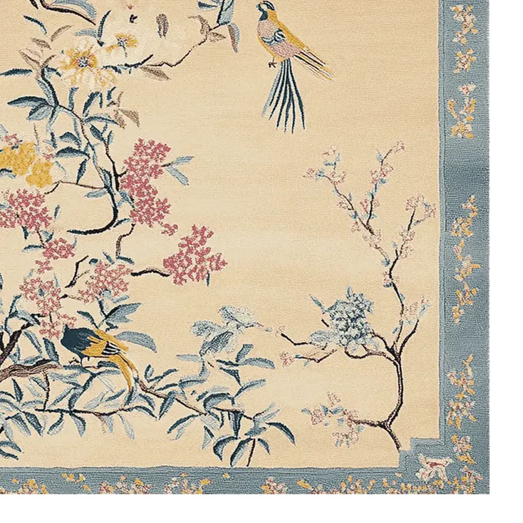 A stunning Chinoiserie Dreamscape Hand Tufted Area Rug, perfect for enhancing a living room with its intricate bird and floral design. This large wool rug features vibrant colors and a detailed border, making it an ideal choice for those seeking elegant area rugs for living rooms.