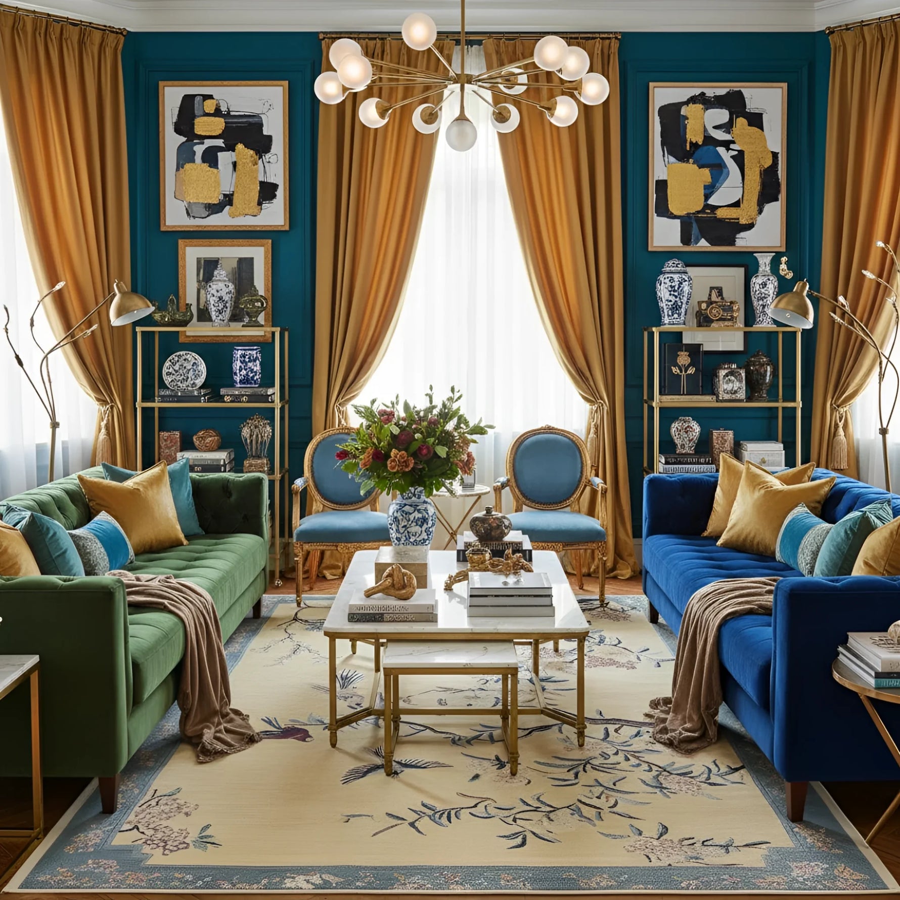 Colorful living room with blue and green sofas, chinoiserie rug, gold curtains, and a chandelier.