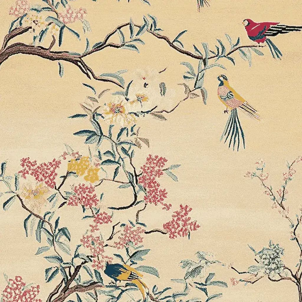 A beautifully detailed Chinoiserie Dreamscape hand-tufted area rug featuring an intricate design of colorful birds perched on elegant branches with delicate flowers. Perfect for adding a touch of luxury to large living rooms, this wool rug combines art and function, offering a unique focal point for your space.