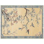 Chinoiserie Dreamscape Hand Tufted Area Rug featuring a serene design of birds and floral branches, perfect for large living rooms. This wool rug combines elegance and nature-inspired motifs, ideal for those seeking area rugs for living room decor.