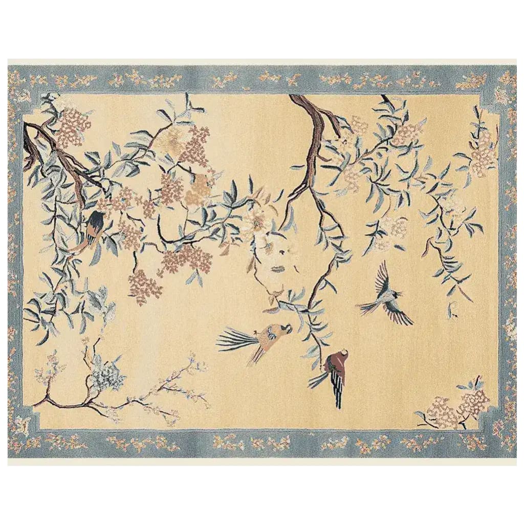 Chinoiserie Dreamscape Hand Tufted Area Rug featuring a serene design of birds and floral branches, perfect for large living rooms. This wool rug combines elegance and nature-inspired motifs, ideal for those seeking area rugs for living room decor.
