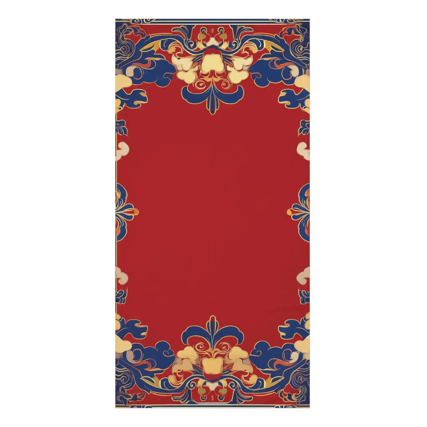 Chinoiserie Floral Border Red and Blue Bath Towel flat layout showing deep red center and ornate navy gold cloud-scroll corner border