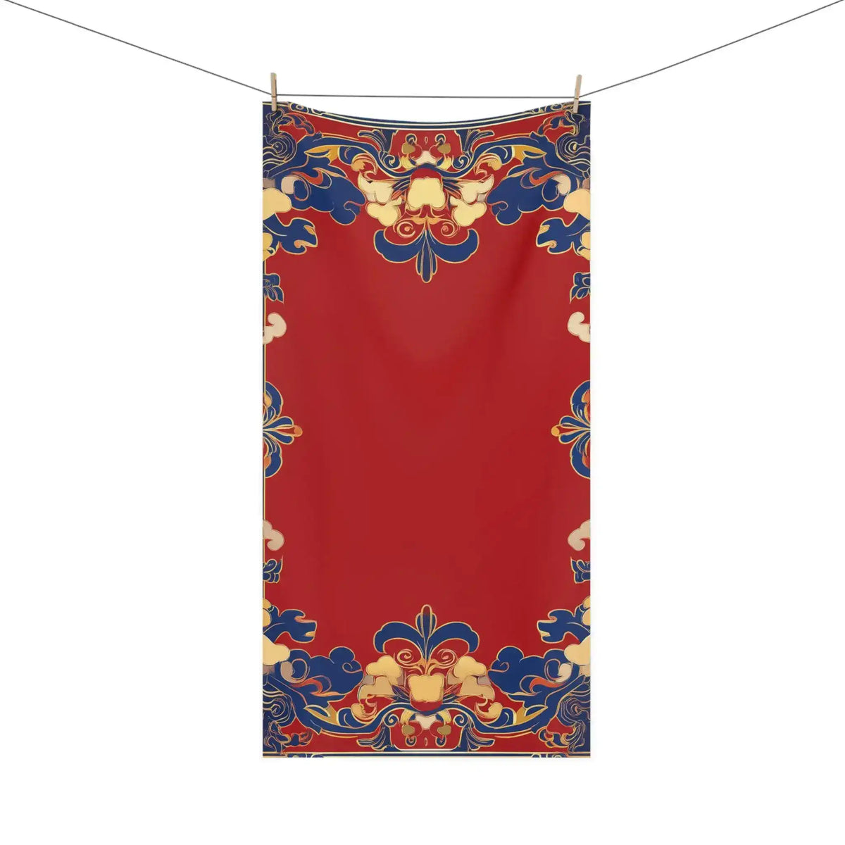 Chinoiserie Floral Border Red and Blue Bath Towel hanging on clothesline against white background showing full drape and border detail