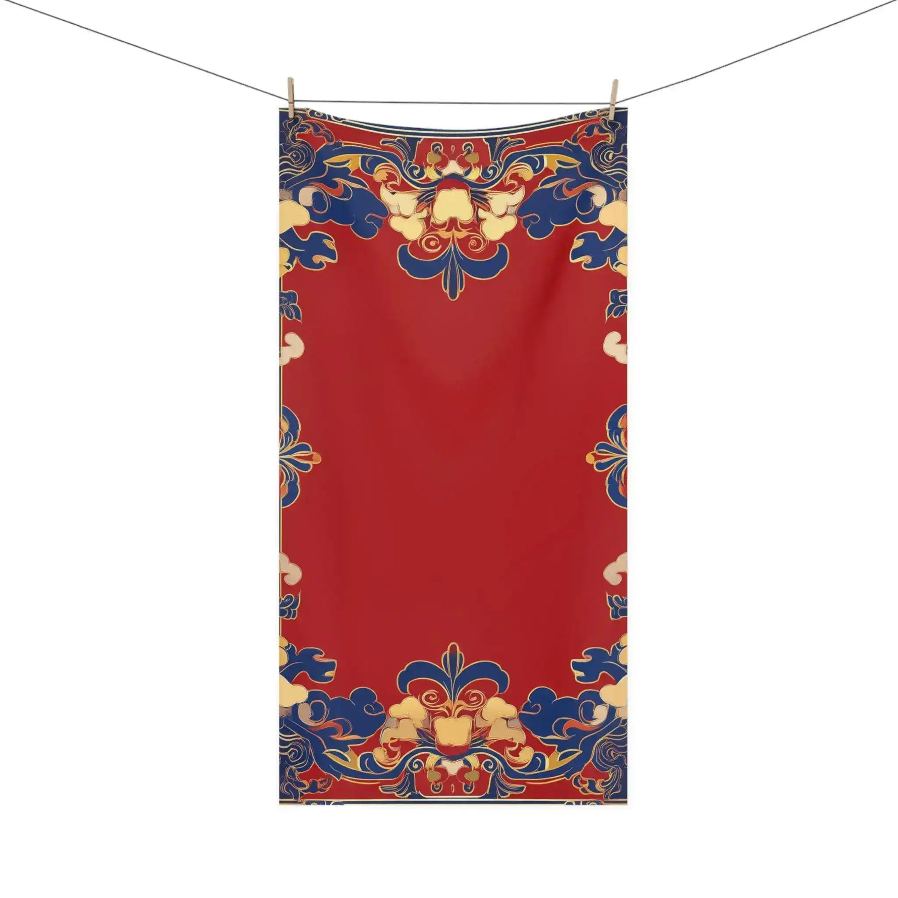 Chinoiserie Floral Border Red and Blue Bath Towel hanging on clothesline against white background showing full drape and border detail