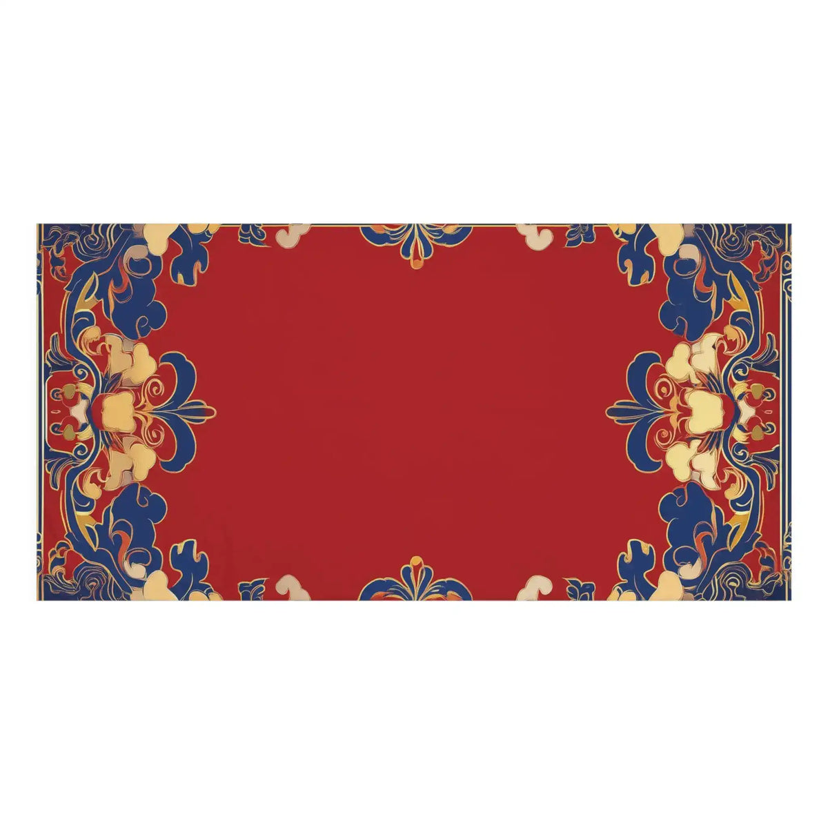 Chinoiserie Floral Border Red and Blue Bath Towel horizontal flat view showing full blue and gold cloud-scroll border pattern