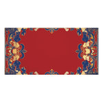 Chinoiserie Floral Border Red and Blue Bath Towel horizontal flat view showing full blue and gold cloud-scroll border pattern