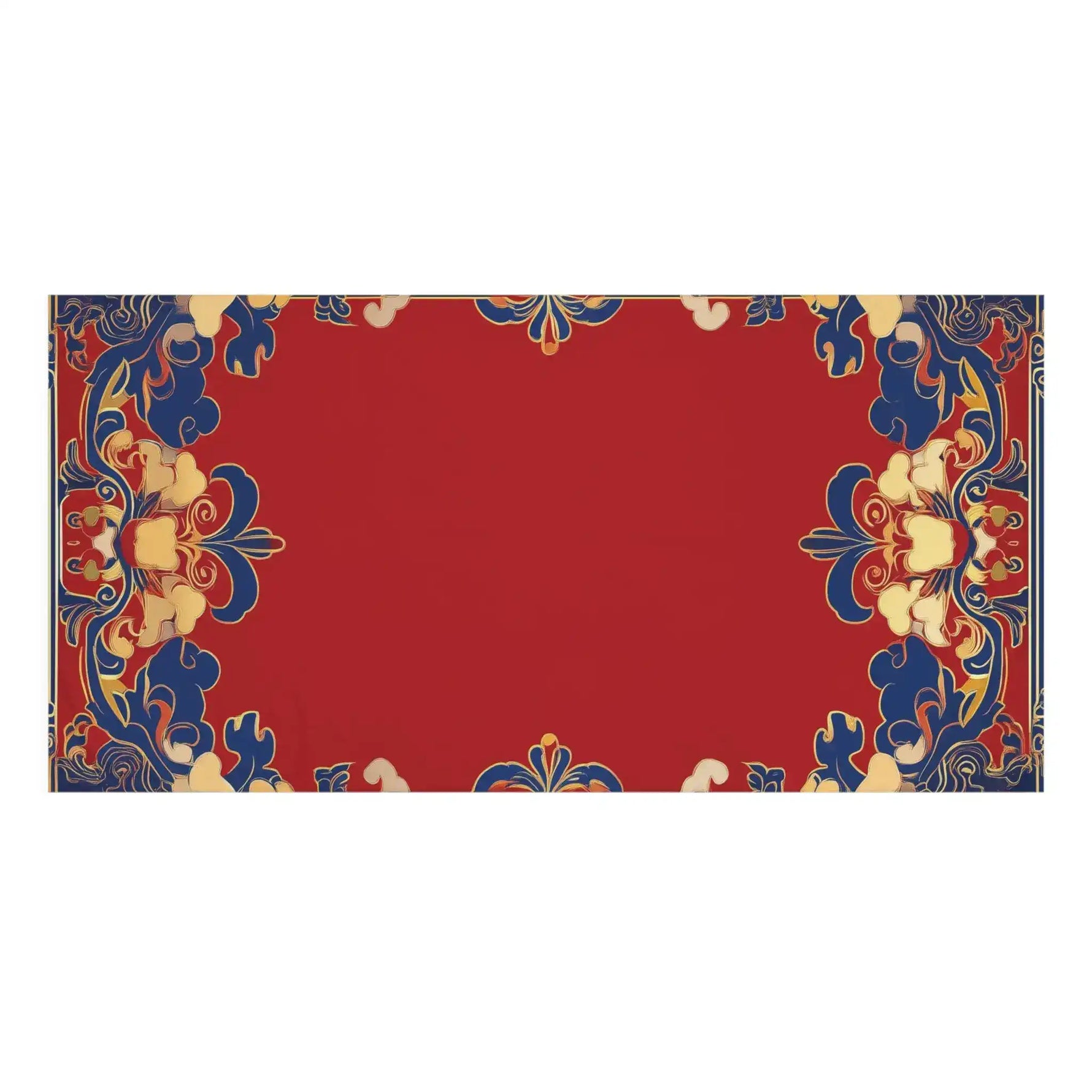Chinoiserie Floral Border Red and Blue Bath Towel horizontal flat view showing full blue and gold cloud-scroll border pattern